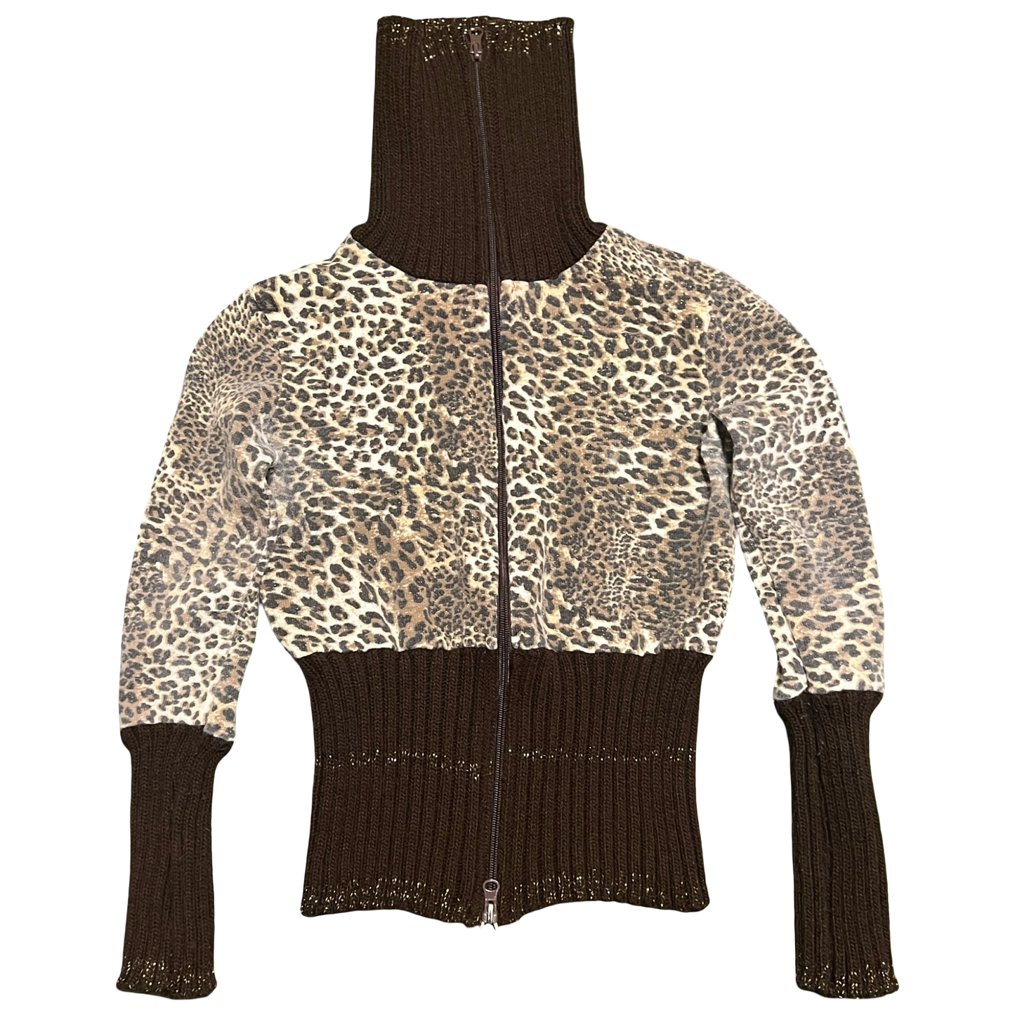 (S) cheetah turtle neck double zipper jacket