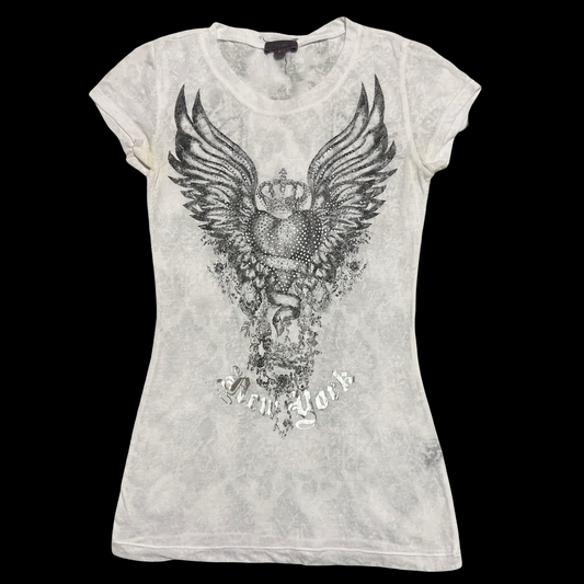 (S) new york heart crown wing sheer tee