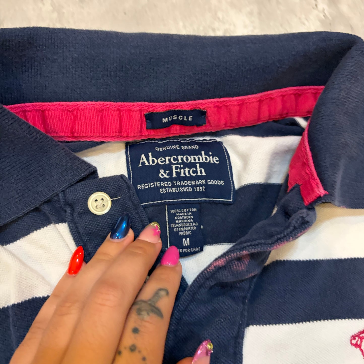 (M) Abercrombie & fitch pink moose navy striped muscle polo tee