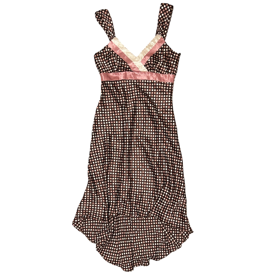 (7/8) vintage city triangles brown & pink polka dot midi dress