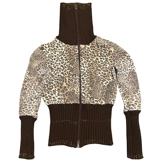 (S) cheetah turtle neck double zipper jacket