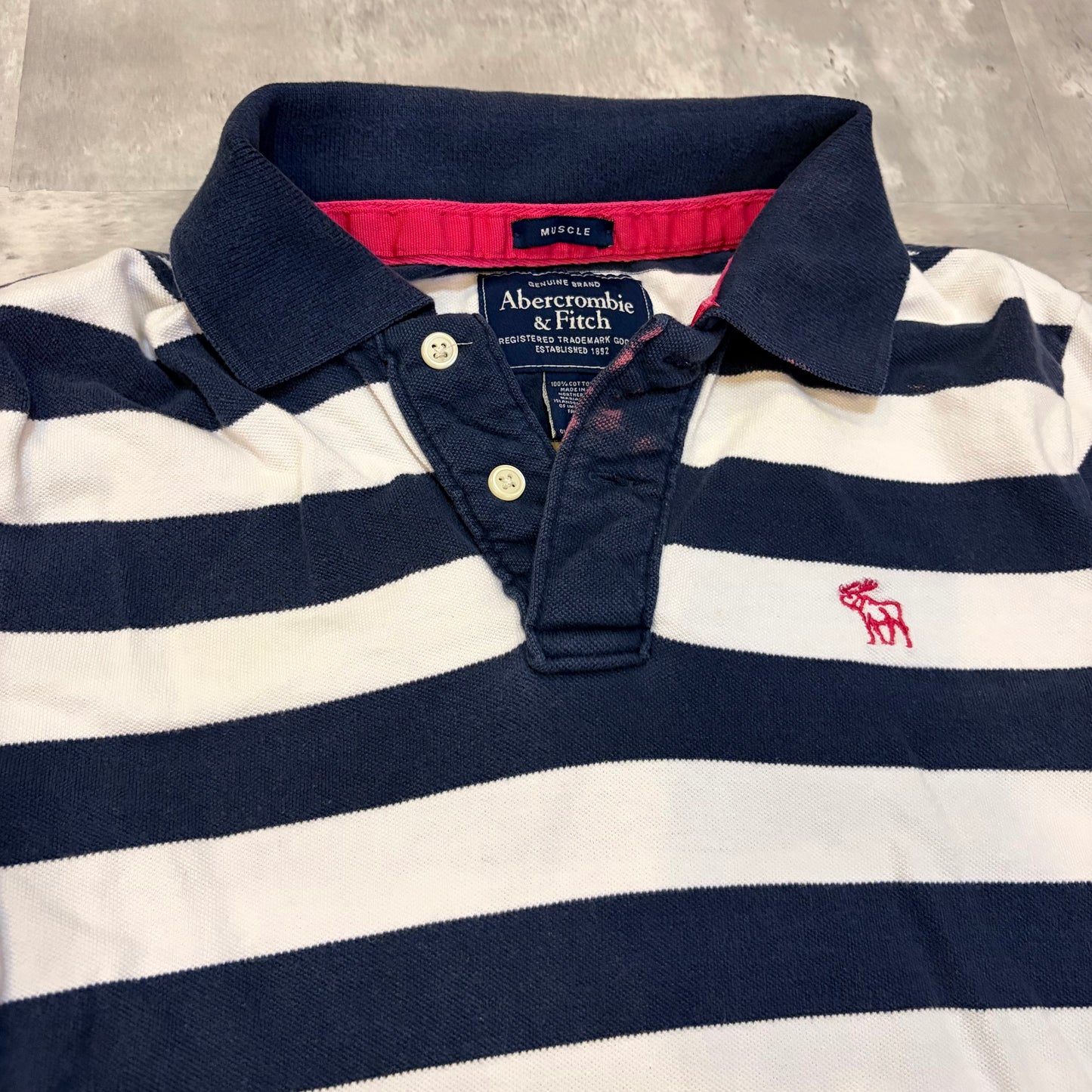 (M) Abercrombie & fitch pink moose navy striped muscle polo tee