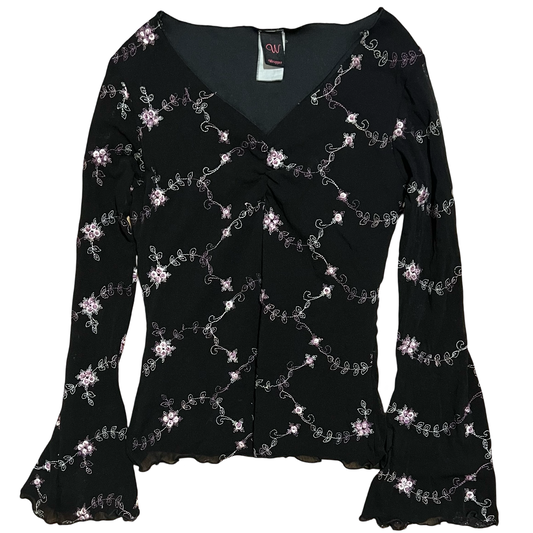 (S) wrapper floral mesh long-sleeve top