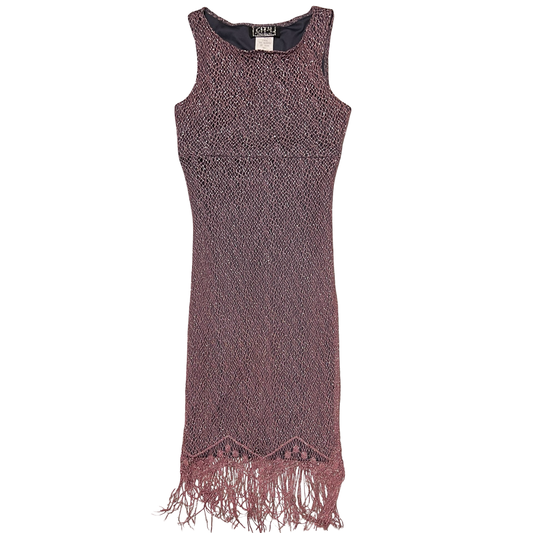 (S) vintage pink metallic city triangles tassle midi dress